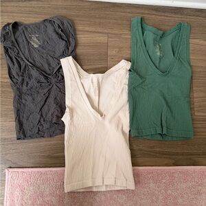 FREE PEOPLE Women's V-Neck Ribbed Tank Top - Green, Cream, Gray